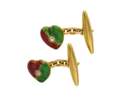 A pair of early 20th century 18ct gold red and green enamel heart-shape cufflinks, with old-cut diamond central highlight, es