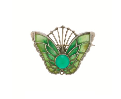 A Jugendstil silver, chrysoprase cabochon butterfly brooch, with plique-a-jour enamel wings, stamped DEPOSE 900, length 3.3cm