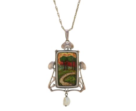 Murrle Bennett & Co., an Art Nouveau silver and polychrome enamel landscape pendant, with pearl drop and openwork surround, s