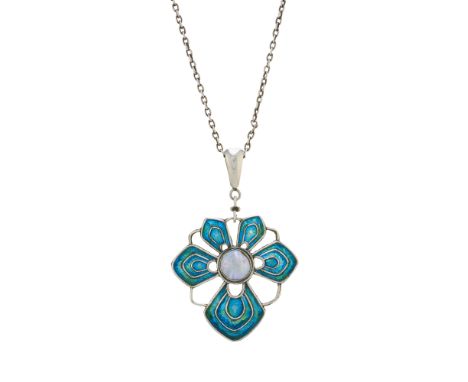 Liberty & Co. (attributed), an Arts & Crafts silver, blue and green enamel openwork pendant, with blister pearl central highl