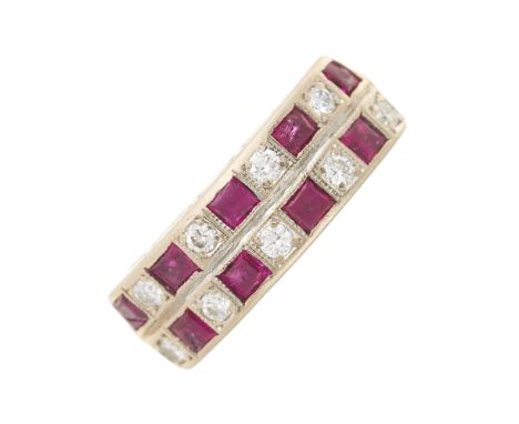 A 1970s 18ct gold brilliant-cut diamond and square-shape ruby two-row dress ring, with tapered shoulders and openwork gallery