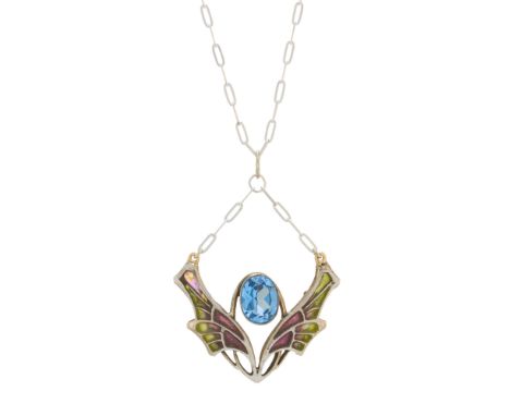 A Jugendstil silver, blue paste and plique-a-jour enamel openwork pendant, with later, integral chain and chain surmount, sta