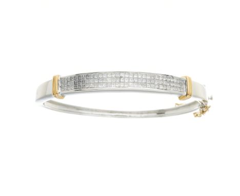 An 18ct gold square-shape diamond hinged, bi-colour bangle, with grooved sides and safety chain, total diamond weight 2ct, es