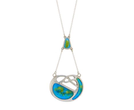 Charles Horner, an Art Nouveau silver and polychrome enamel Celtic knot pendant, with enamel spacer and chain surmount, suspe