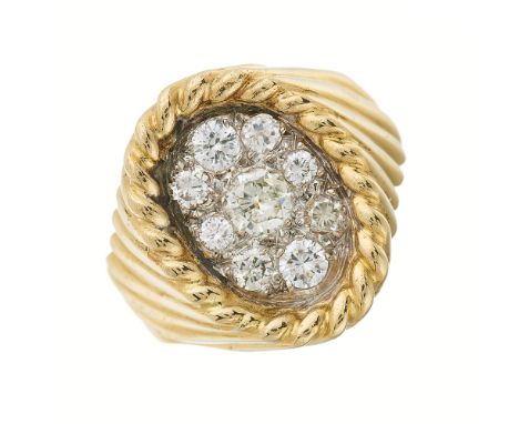 An 18ct gold brilliant-cut diamond cluster dress ring, with grooved gallery and shoulders, estimated total diamond weight 0.9