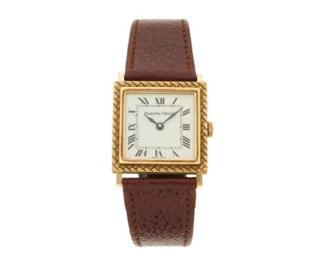 Bueche-Girod, a 1970s 9ct gold wrist watch, textured bezel, signed manual wind movement calibre 7001, hallmarks for London 19