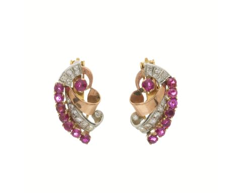 A pair of 1940s 18ct gold ruby and single-cut diamond spray clip earrings, estimated total diamond weight 0.40ct, French assa