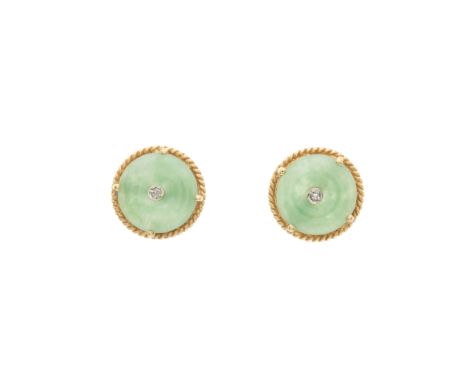 A pair of 14ct gold jade disc stud earrings, with single-cut diamond central highlight and rope-twist surround, mount stamped