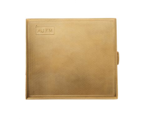 A mid 20th century 9ct gold engine turned cigarette case, with initials to front and engraving to inside 'Archie from Ruth 12