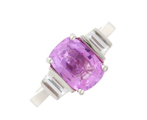 An 18ct gold cushion-shape pink sapphire and diamond three-stone ring, sapphire estimated weight 2.20ct, estimated total diam