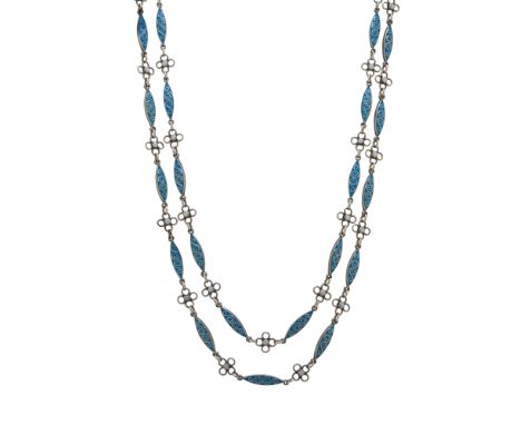 A Norwegian silver and enamel longuard necklace chain, designed as a series of double-sided blue enamel marquise-shape links,