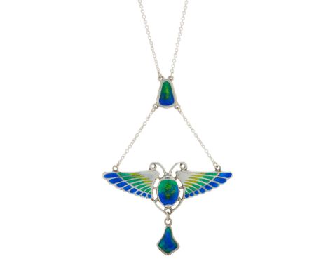 Charles Horner, an Art Nouveau silver and polychrome enamel winged scarab necklace, with enamel drop and chain spacer, suspen