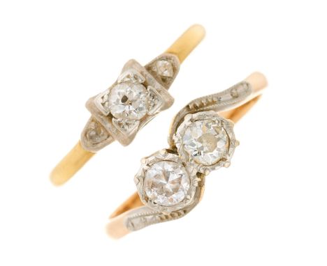 Two early to mid 20th century 18ct gold diamond rings, to include a two-stone crossover and a three-stone dress ring, estimat