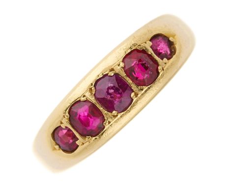 An early 20th century 18ct gold cushion-shape ruby five-stone ring, partial hallmarks for 18ct gold, ring size T, 6.2gConditi