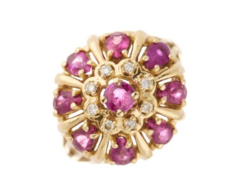 A 14ct gold vari-shape ruby and brilliant-cut diamond openwork bombe ring, import marks for London, ring size R, 7gCondition-