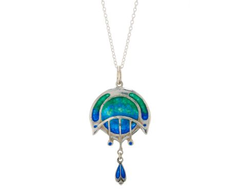 James Fenton, an Art Nouveau silver and polychrome enamel pendant, with blue enamel drop, suspended from a later silver chain