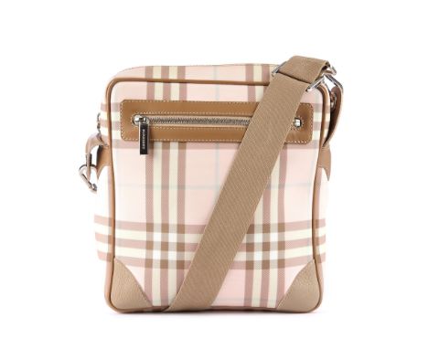 Burberry, a pink Nova Check handbag, featuring a coated canvas exterior and beige leather trim, short canvas shoulder strap, 