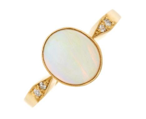 An 18ct gold opal cabochon dress ring, with single-cut diamond duo shoulders, opal measures approximately 8.8 by 7.9 by 4mm, 