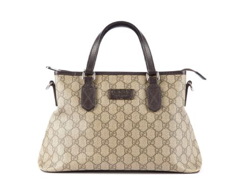 Gucci, a Supreme handbag, featuring maker's monogram coated canvas exterior with brown leather trim, dual flat leather handle