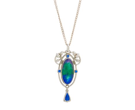 Charles Horner, an Art Nouveau silver and polychrome enamel foliate pendant, with blue enamel drop and later chain, maker's m
