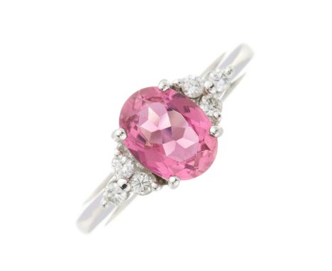 An 18ct gold pink tourmaline dress ring, with brilliant-cut diamond trefoil sides and tapered shoulders, tourmaline estimated