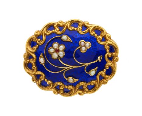 A late Victorian gold, blue enamel and split pearl floral brooch, with red gem highlight and glazed panel to reverse, length 