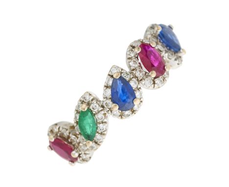 An 18ct gold vari-shape ruby, sapphire, emerald and brilliant-cut diamond cluster half eternity ring, estimated total diamond