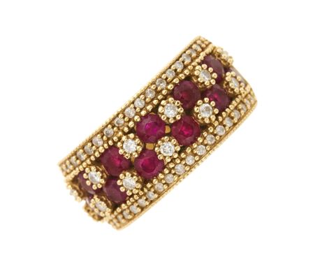 A 14ct gold ruby and brilliant-cut diamond half eternity ring, with tapered band, estimated total diamond weight 0.50ct, band