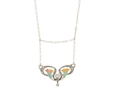 An Art Nouveau, silver, paste and enamel foliate necklace, with central split pearl highlight and chain spacer, suspended fro
