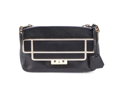 Anya Hindmarch, a black leather handbag, featuring pale gold-tone hardware, chain-link shoulder strap, metal frame detail to 