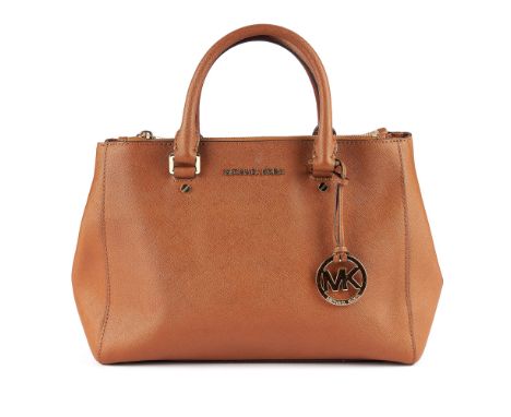 Michael Kors, a tan Saffiano leather handbag, featuring gold-tone hardware, dual rolled leather handles and three main interi