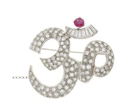 A rare, mid 20th century 18ct gold vari-cut diamond religious brooch, designed to depict the Hindu symbol of Om or Aum, with 