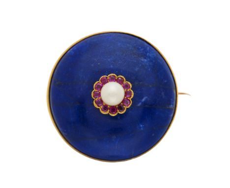 An early 20th century Russian 14ct gold, sodalite cabochon brooch, with pearl and ruby cluster central highlight, Russian mar