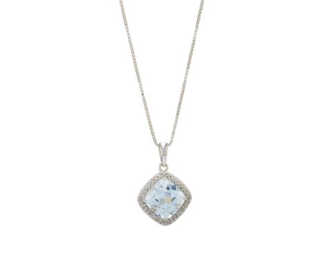 A 14ct gold aquamarine and single-cut diamond cluster pendant, with 14ct gold box-link chain, aquamarine estimated weight 4ct