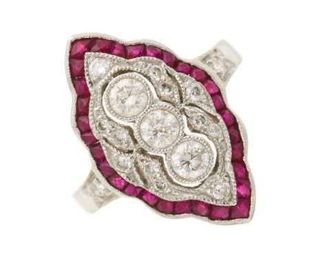 A brilliant-cut diamond marquise-shape dress ring, with calibre-cut ruby surround and diamond accent shoulders, estimated tot