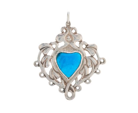 An Arts & Crafts silver foliate openwork pendant, with heart-shape blue enamel central highlight, in fitted Mappin & Webb cas