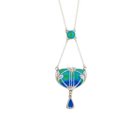 Charles Horner, an Art Nouveau silver and polychrome enamel foliate pendant, with enamel drop and chain spacer, suspended fro