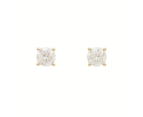 A pair of 14ct gold brilliant-cut diamond single-stone stud earrings, estimated total diamond weight 1ct, H-I colour, P1 clar