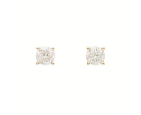 A pair of 14ct gold brilliant-cut diamond single-stone stud earrings, estimated total diamond weight 1ct, H-I colour, P1 clar