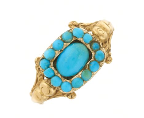 A late Georgian gold, turquoise cabochon dress ring, with engraved shoulders and grooved band, ring size M, 2gCondition- Over