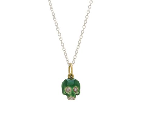 A silver and 18ct gold, green enamel memento mori skull pendant, with rose-cut diamond eyes, suspended from a silver chain, l