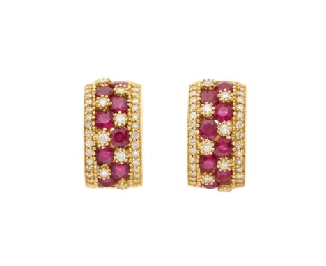 A pair of 14ct gold ruby and brilliant-cut diamond hoop earrings, estimated total diamond weight 0.80ct, mount stamped 14K, l