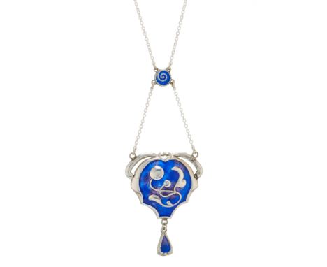 Charles Horner, an Art Nouveau silver, blue and purple enamel foliate pendant, with enamel drop and later blue enamel chain s
