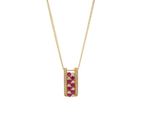 A 14ct gold ruby and brilliant-cut diamond pendant, suspended from a gold plated chain, estimated total diamond weight 0.40ct