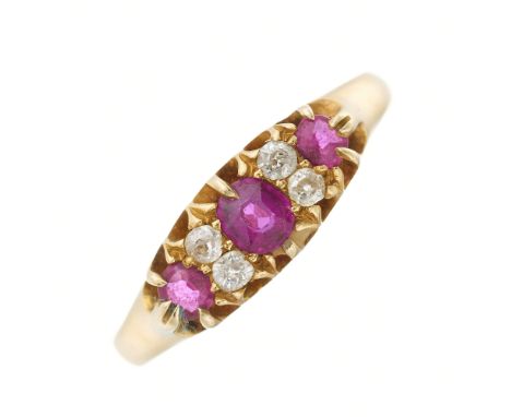 Deakin & Francis, an early 20th century 18ct gold, ruby three-stone and old-cut diamond dress ring, maker's marks for Deakin 