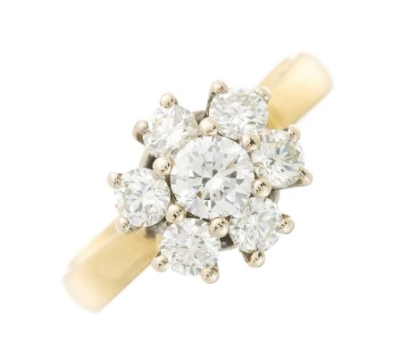 An 18ct gold brilliant-cut diamond floral cluster ring, with slightly tapered band, estimated total diamond weight 1.10ct, I-