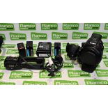 Canon EOS C100 camera with handle attachment, charger, 3x batteries, Sachtler bag