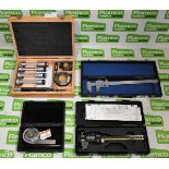 Various calipers, protractors & micrometers - see description for details