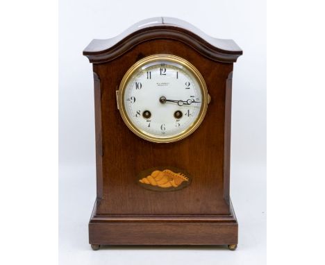 A French 8 day mantel clock with A.J Fraser Preston on a 4" white dial with Arabic numerals & moon hands. Bevelled glass to d