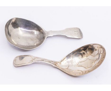 A George IV silver plain fiddle pattern caddy spoon,&nbsp;hallmarked by Joseph Read, London, 1826 together with a George III 